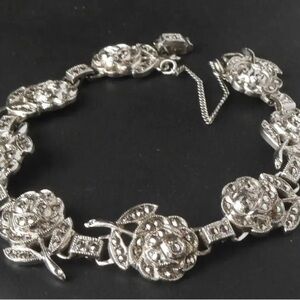 Vintage Art Deco Signed by KD Sterling Roses Sparkling Bracelet 22g 7"
